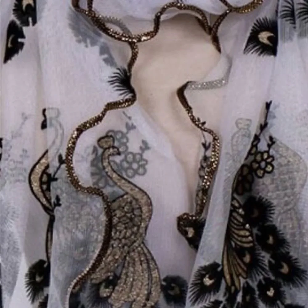 NWT Scarf/Wrap beautiful so much detail peacock floral embroidery chiffo…